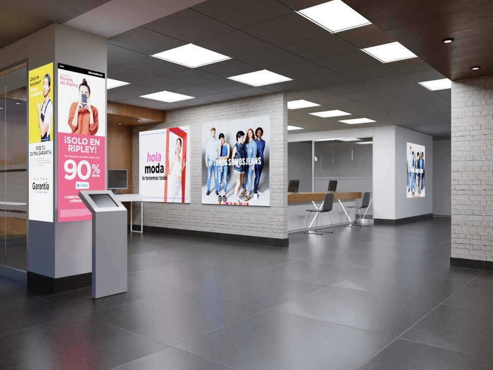 Agencia Ripley diseñada por SQIZ: área de exhibición con paneles publicitarios