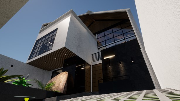 Fachada de vivienda contemporánea con volúmenes en voladizo